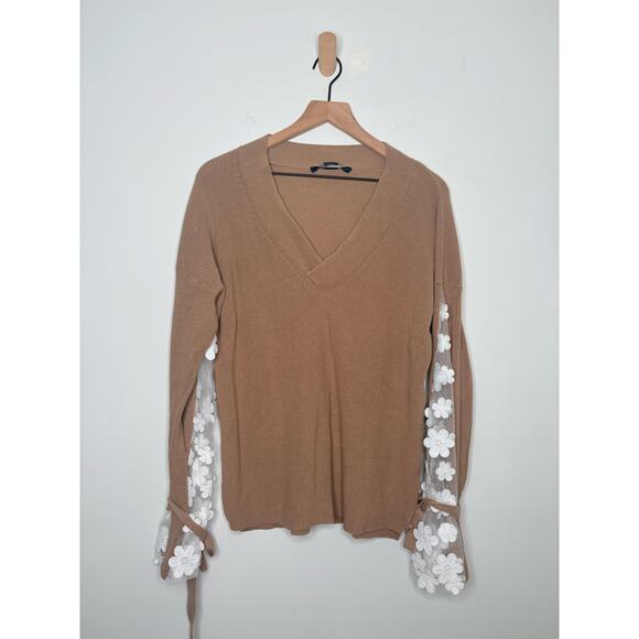 French Connection Caballo Floral Lace Sleeve Sweater Medium V Neck Balletcore - Picture 2 of 9